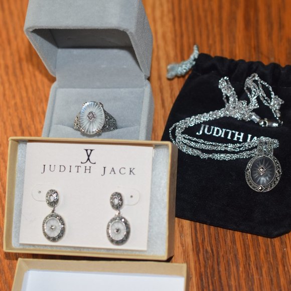 Vintage Sterling Silver Judith Jack Camphor Necklace & Earrings Set Plus Ring - Picture 16 of 16